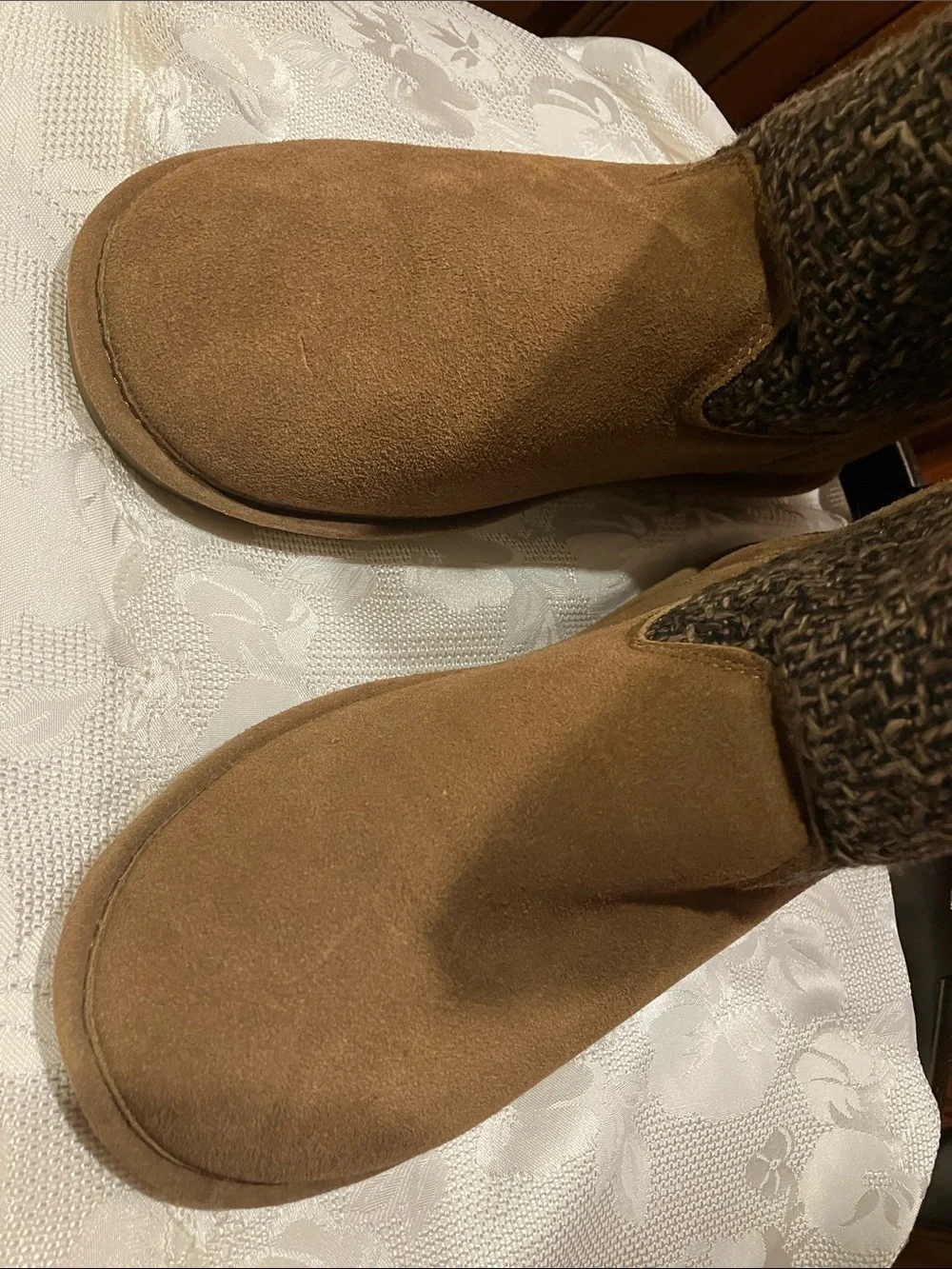 BearPaw Tan Suede and Charcoal Knit Winter Boots